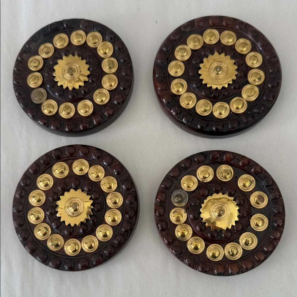 Vintage 4 Gold Metal and Wood Coasters